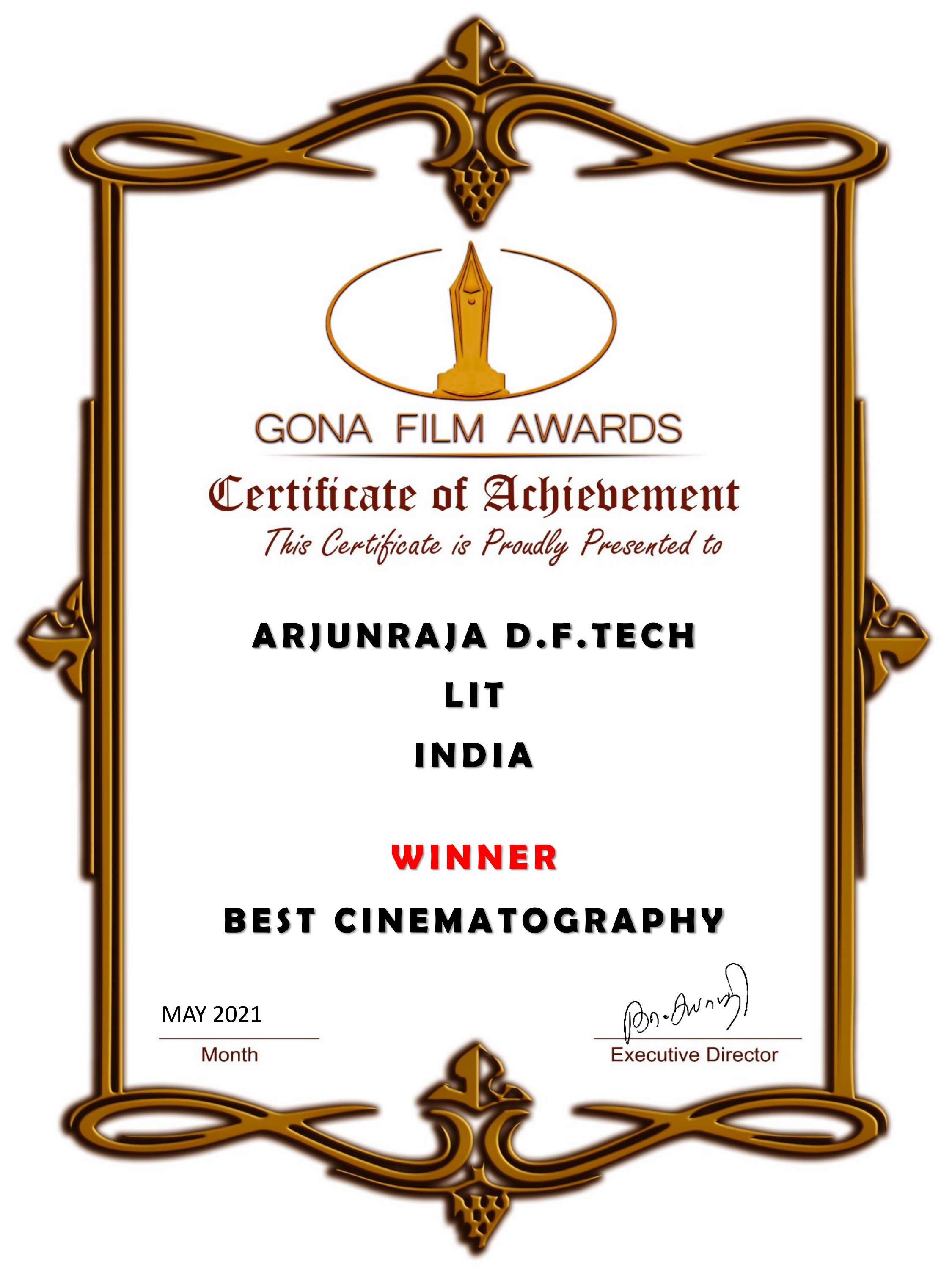 Best Cinematography certificate from Gona Film Awards for the film LIT